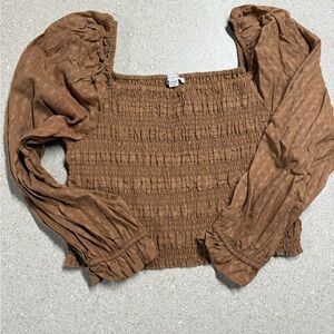 American Eagle Outfitters Rust Brown Smocked Square-Neck Puff Sleeve Top